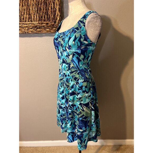 Connected Dress Blue Green 12 A Line Scoop Flowy Sleeveless Tropical Washable - Picture 2 of 5